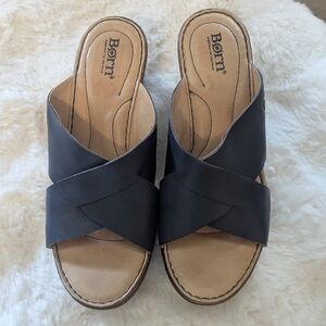 Born Blue Leather Crisscross Wedge Sandals Slip On Comfort Heel NWOT Women’s S 8